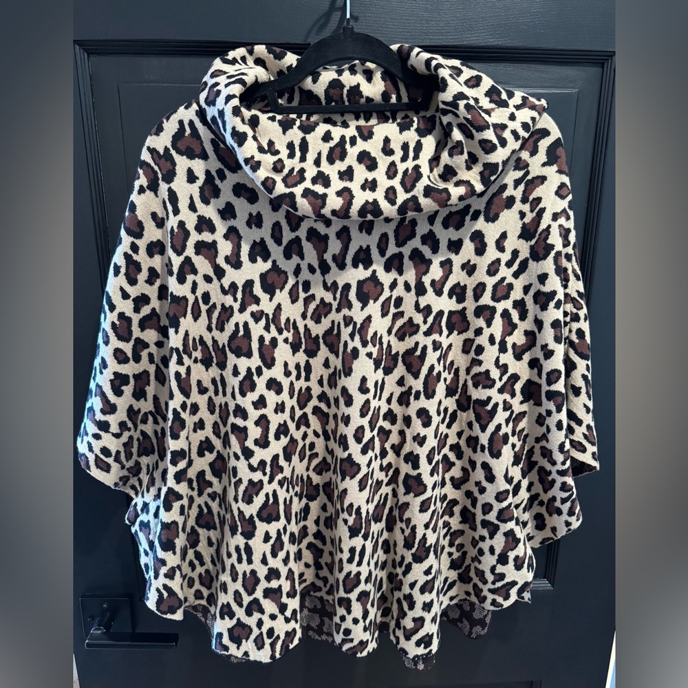 Leopard Print Cowl Neck Women's Poncho Sweater